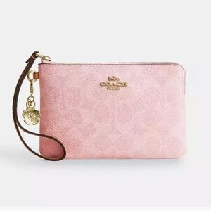 Coach Powder Pink Signature Wristlet Bag with Coach Gold Flower Charm 🌸 NEW!